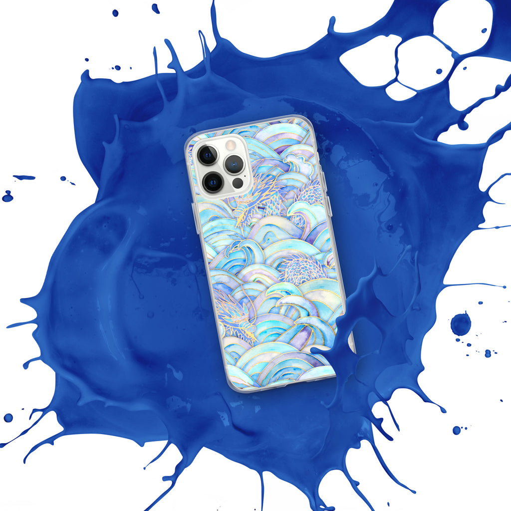 Phone case with wave pattern on a blue and white splatter background