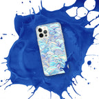 Phone case with wave pattern on a blue and white splatter background
