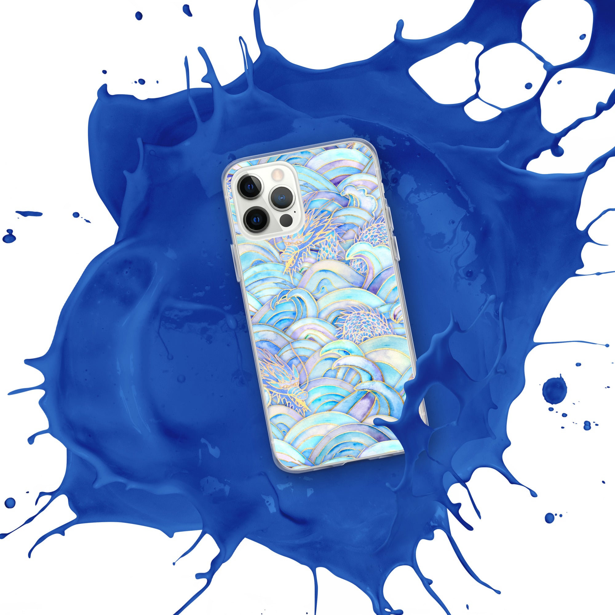 Phone case with wave pattern on a blue and white splatter background