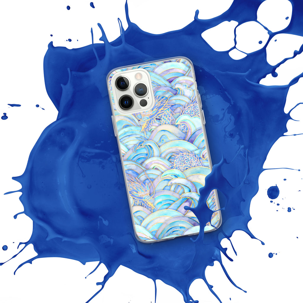 Phone case with a blue and white abstract design on a blue and white splatter background