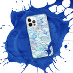 Phone case with a blue and white abstract design on a blue and white splatter background