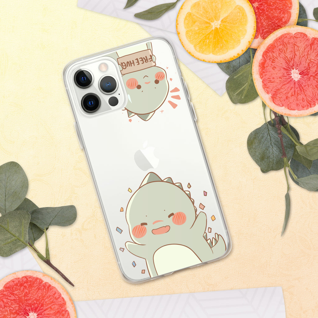Phone case with a cute green dinosaur design on a yellow background with fruits and leaves.