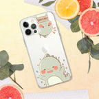 Phone case with a cute green dinosaur design on a yellow background with fruits and leaves.