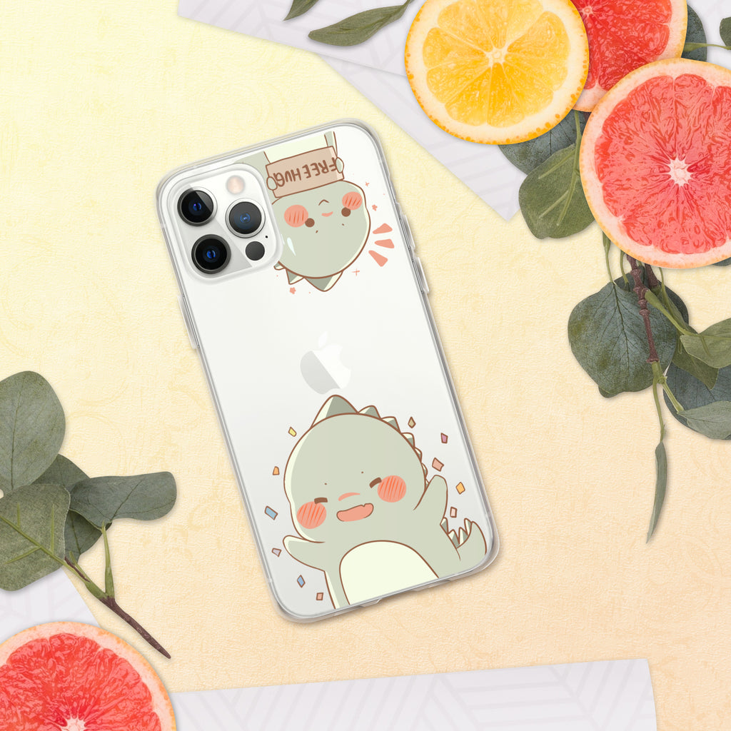 Phone case with a cute dinosaur design on a yellow surface with fruit and leaves.