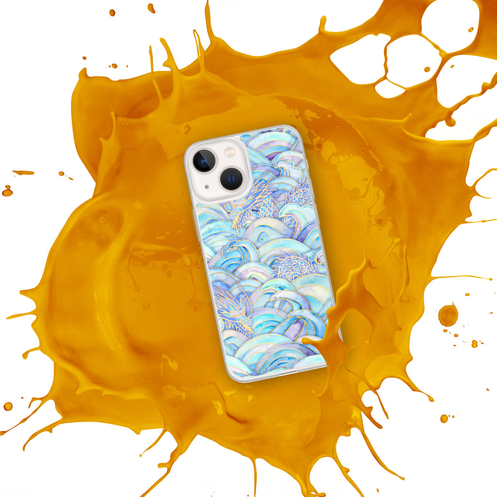 Phone case with a blue and white pattern on an orange splash background