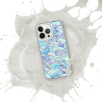 Phone case with blue and white wave pattern on a white background