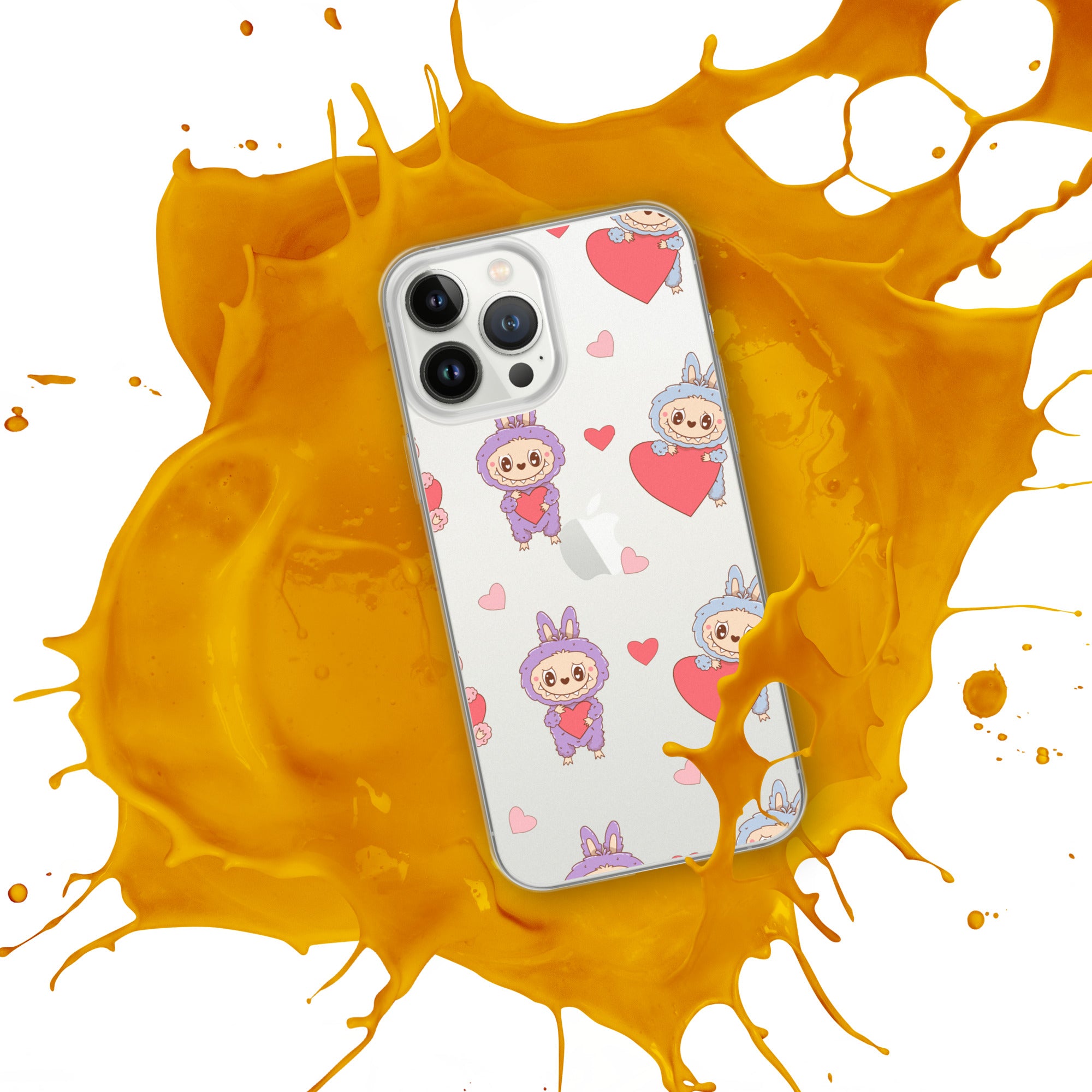 Phone case with cartoon characters and hearts on a yellow splash background