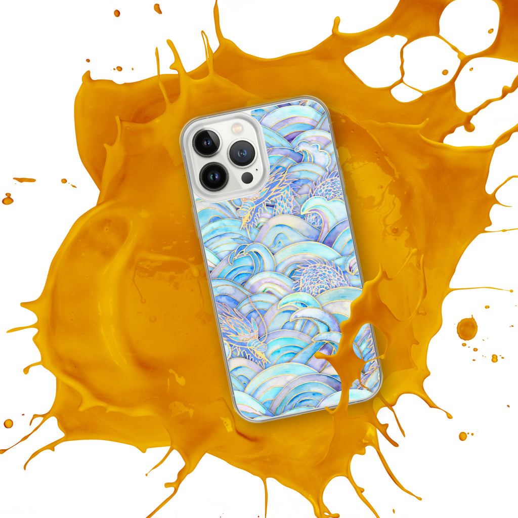 Phone case with blue wave pattern on a yellow splash background