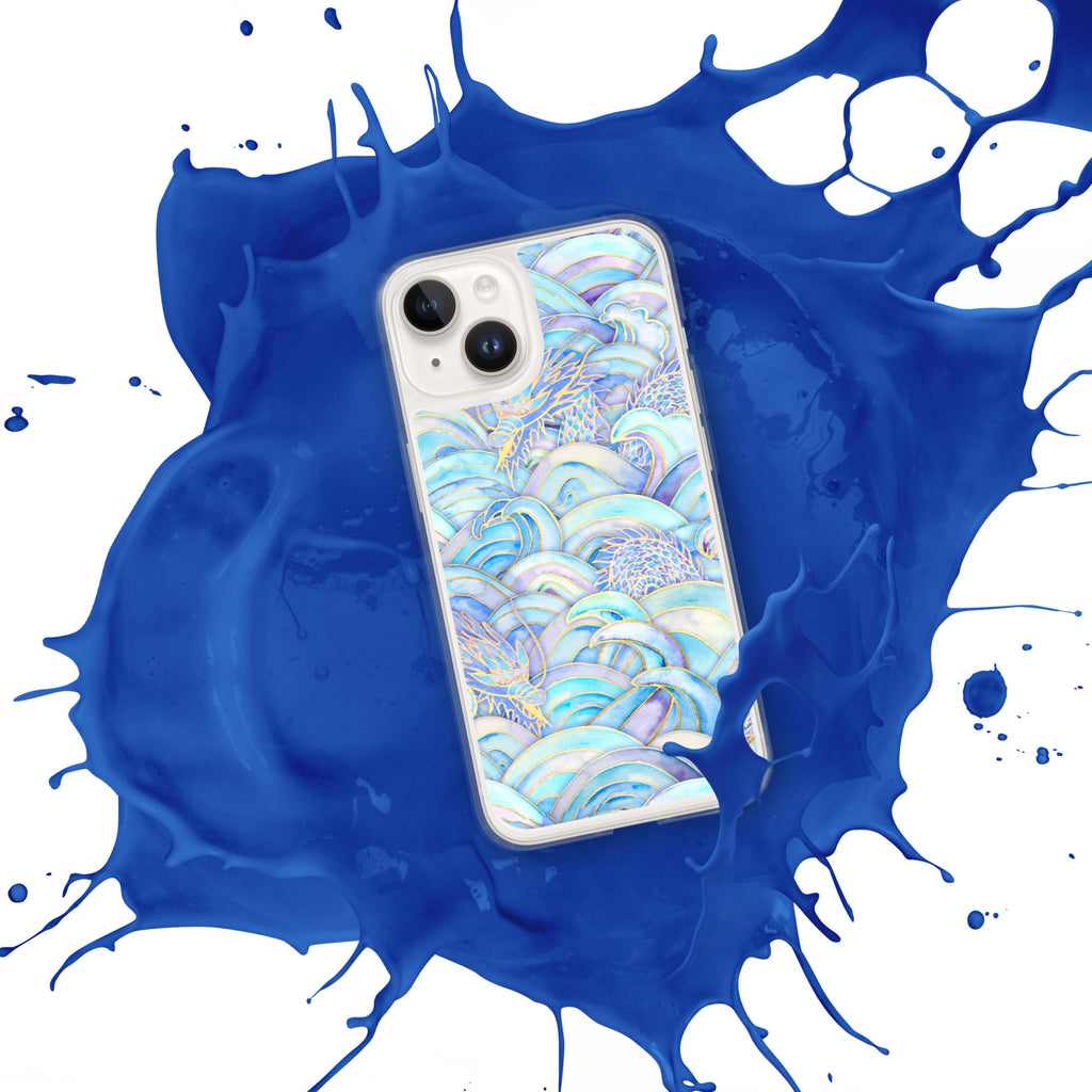 Phone case with wave design on a blue and white splatter background