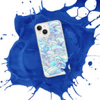 Phone case with wave design on a blue and white splatter background