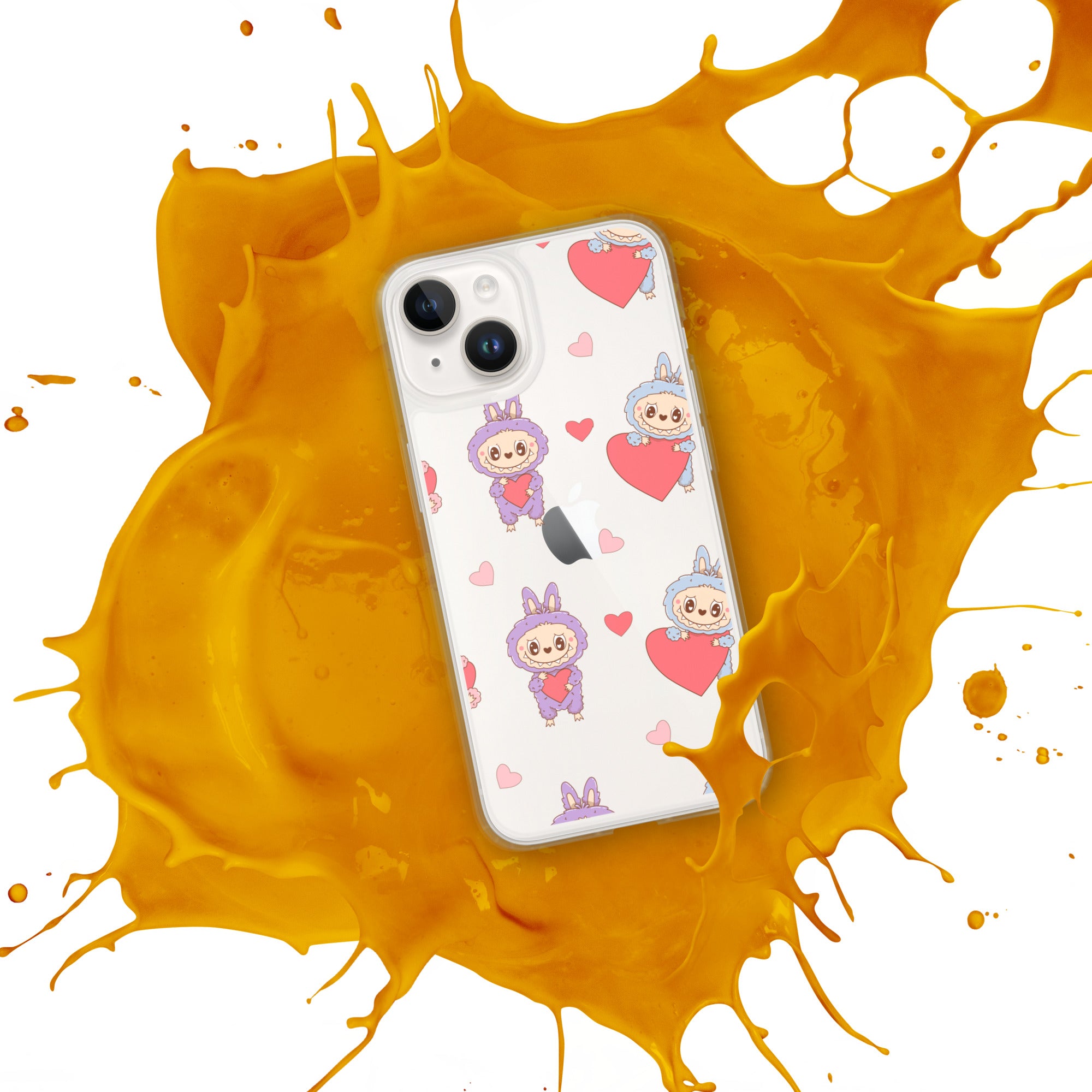 Phone case with cartoon design on a white background with orange splashes