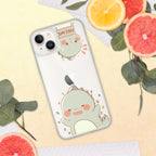 Phone case with a cute green dinosaur design on a yellow background with fruits and leaves.