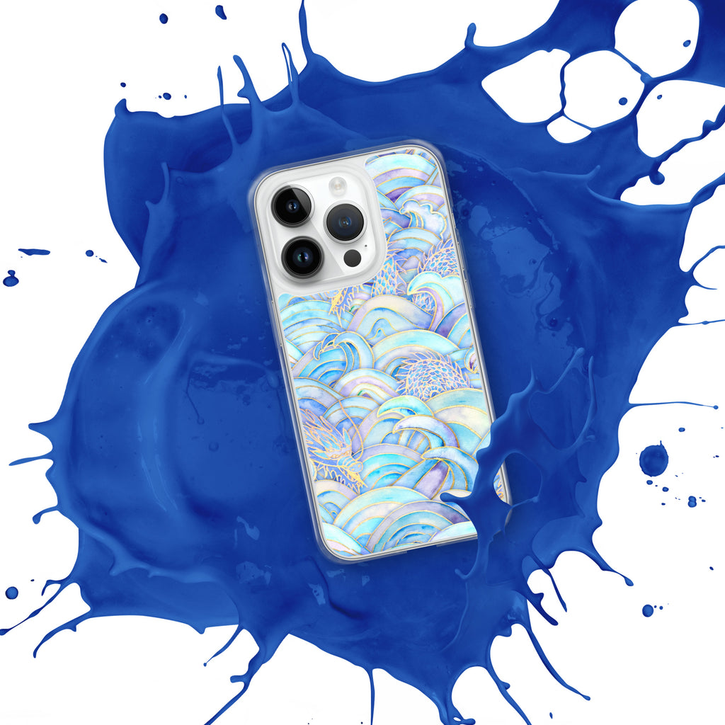 Phone case with a colorful design on a blue and white splatter background