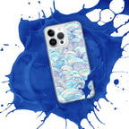 Phone case with blue and white abstract design on a blue and white splatter background