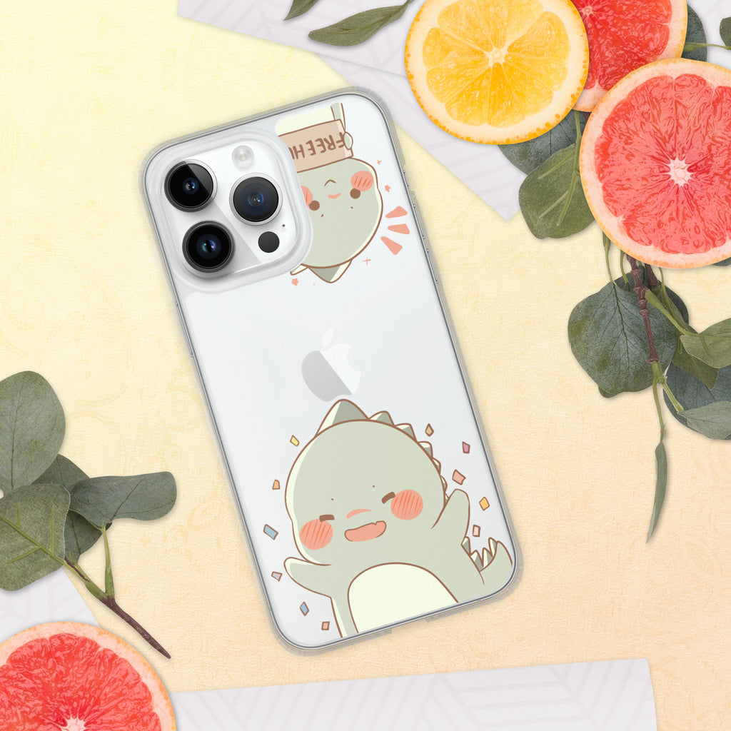 Phone case with a cute dinosaur design on a yellow background with fruits and leaves.