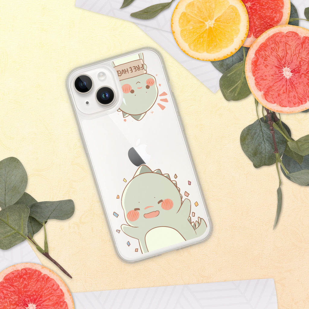 Phone case with a cute dinosaur design on a yellow surface with fruit and leaves.