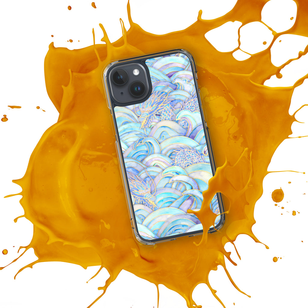 Phone case with a blue and white pattern on an orange splash background