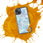Phone case with a blue and white pattern on an orange splash background