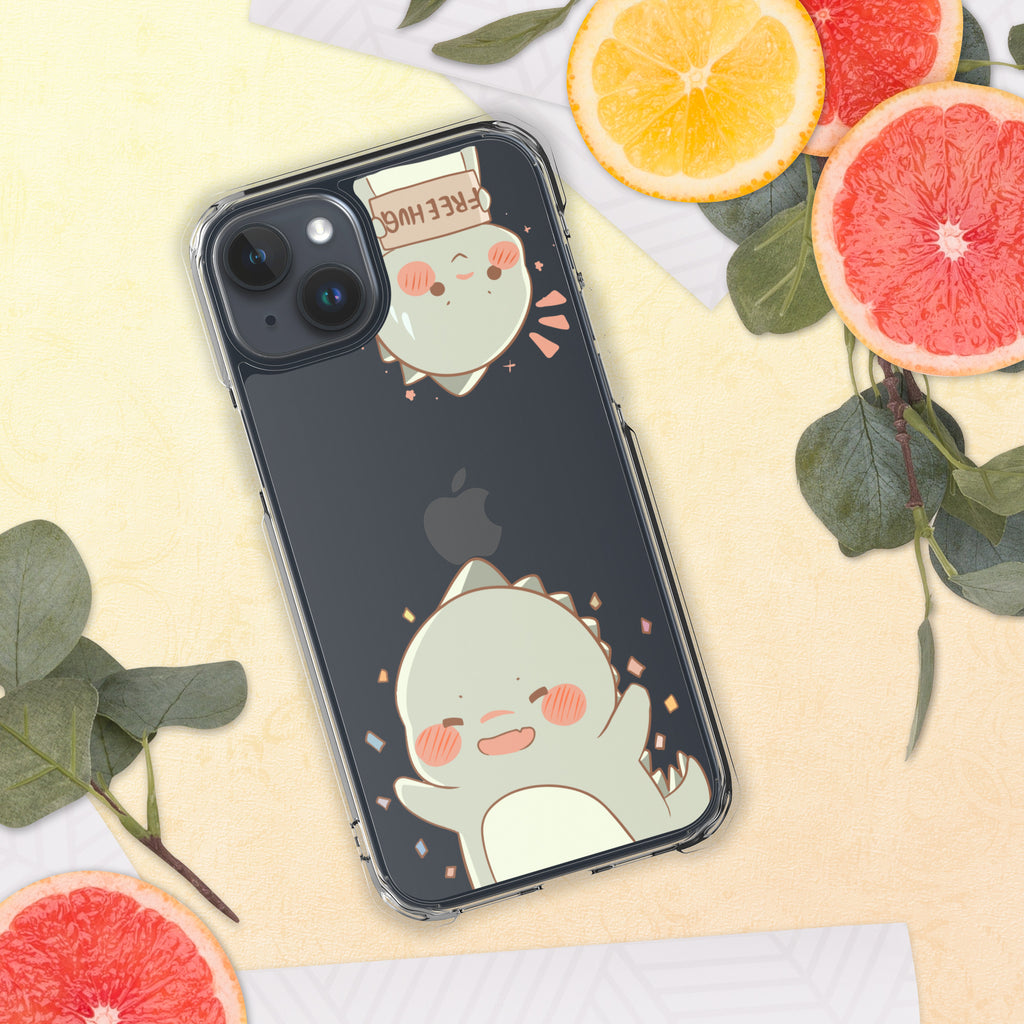 Phone case with cute dino design on a surface with fruits and leaves