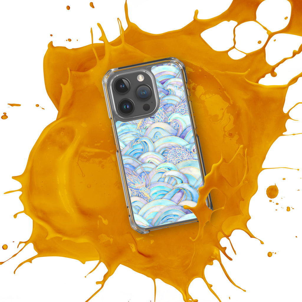 Phone case with a colorful pattern on an orange splash background