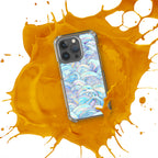 Phone case with a colorful pattern on an orange splash background