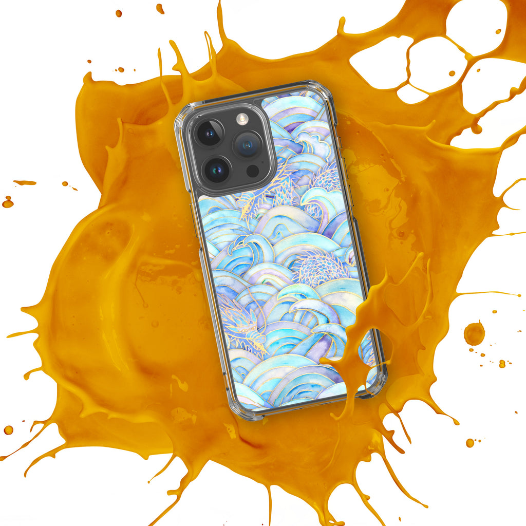 Phone case with a blue and white pattern on an orange splash background