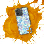 Phone case with a blue and white pattern on an orange splash background