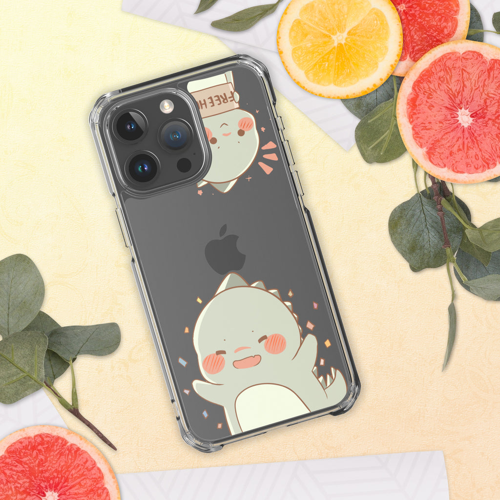 Phone case with a cute dino design on a yellow surface with fruits and leaves