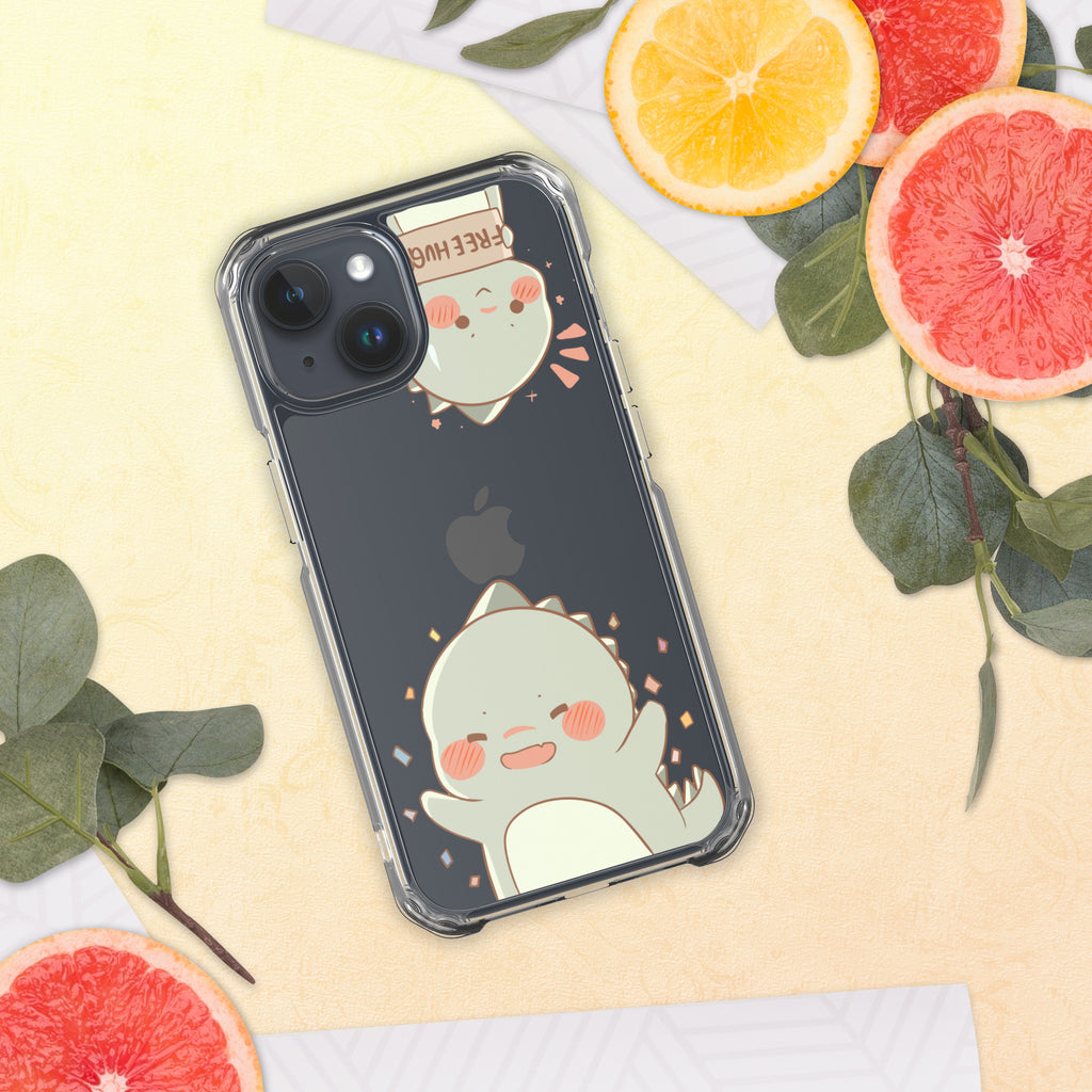 Phone case with a cute design of a Kawaii Dino, surrounded by sliced oranges and leaves on a yellow background.