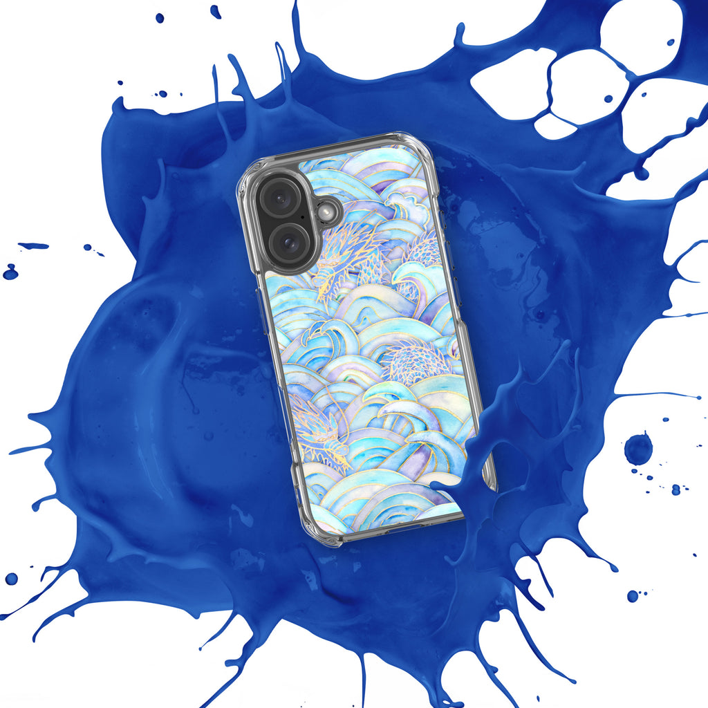 Phone case with wave pattern on a blue and white splatter background