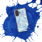 Phone case with wave pattern on a blue and white splatter background