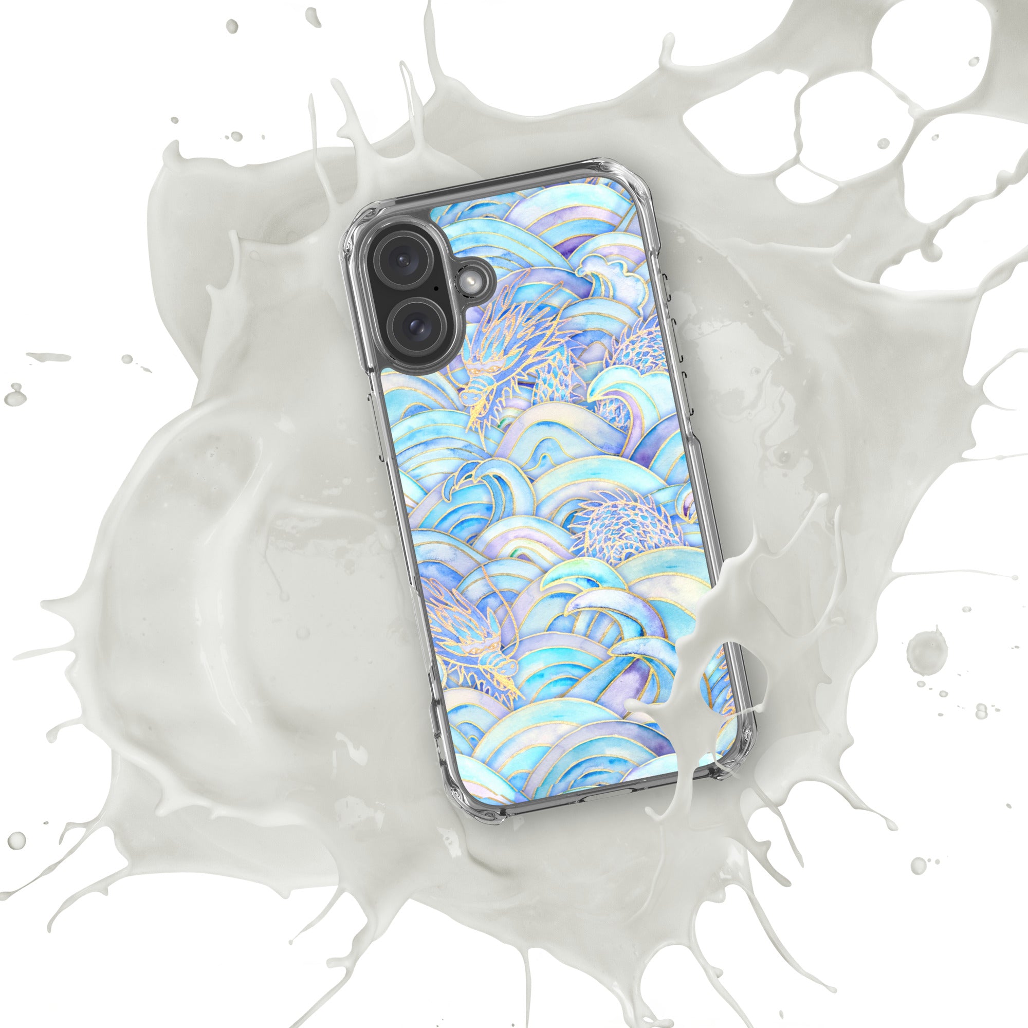 Phone case with a colorful wave design on a white background