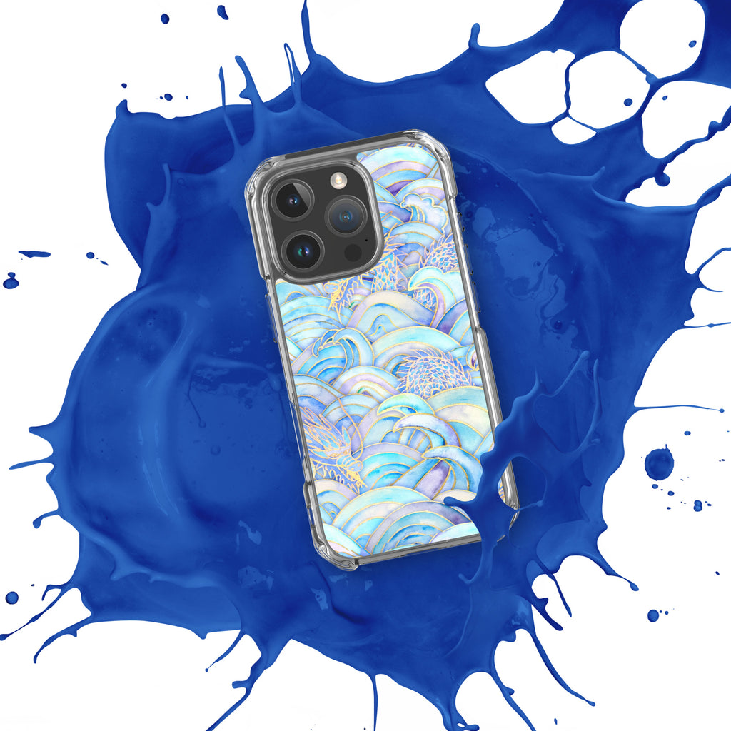 Phone case with a colorful pattern on a blue and white splatter background