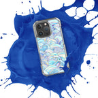 Phone case with a colorful pattern on a blue and white splatter background