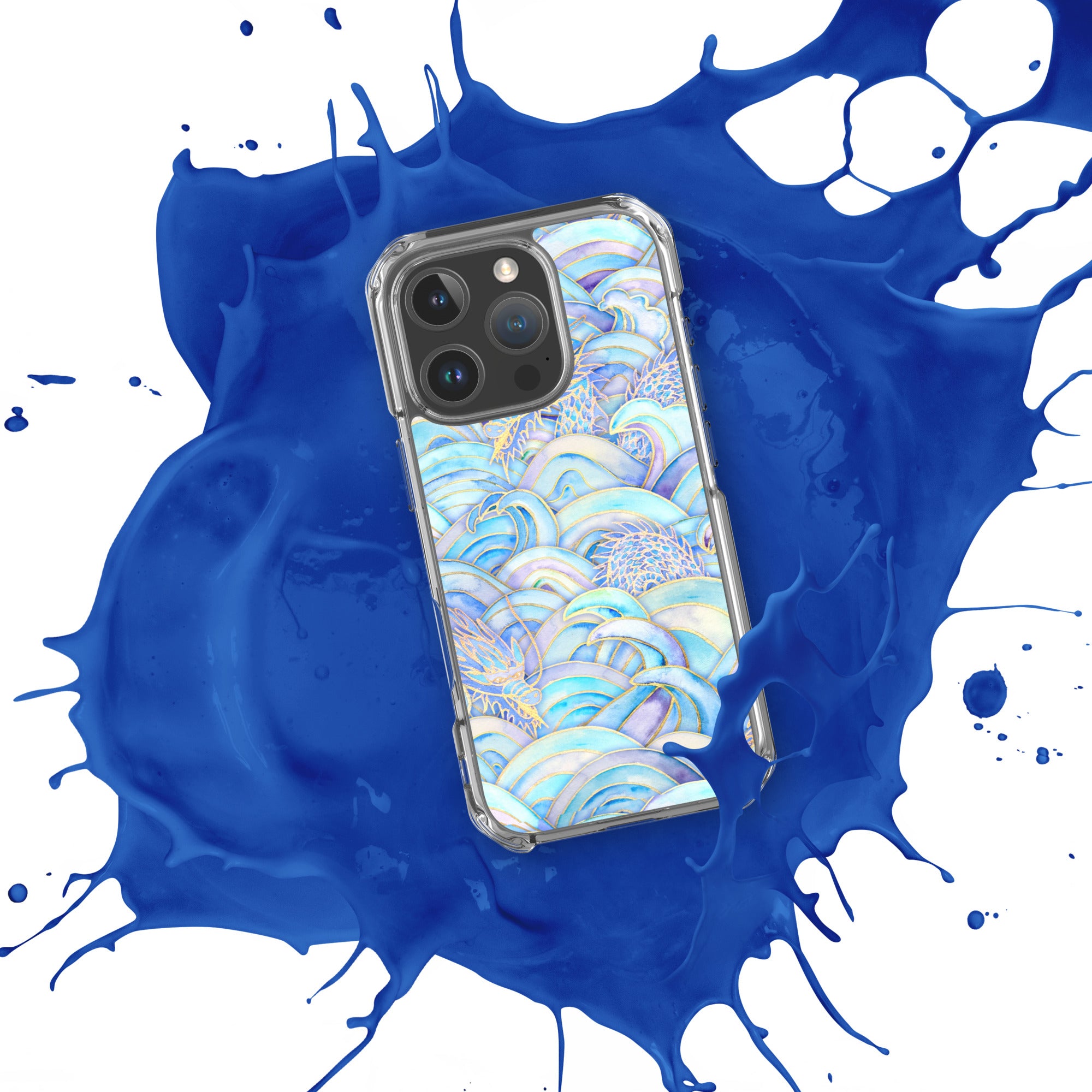 Phone case with a colorful pattern on a blue and white splatter background