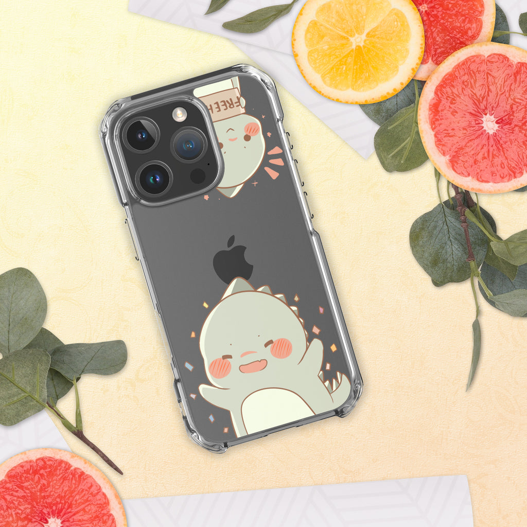 Phone case with a cute design on a yellow background with fruits and leaves