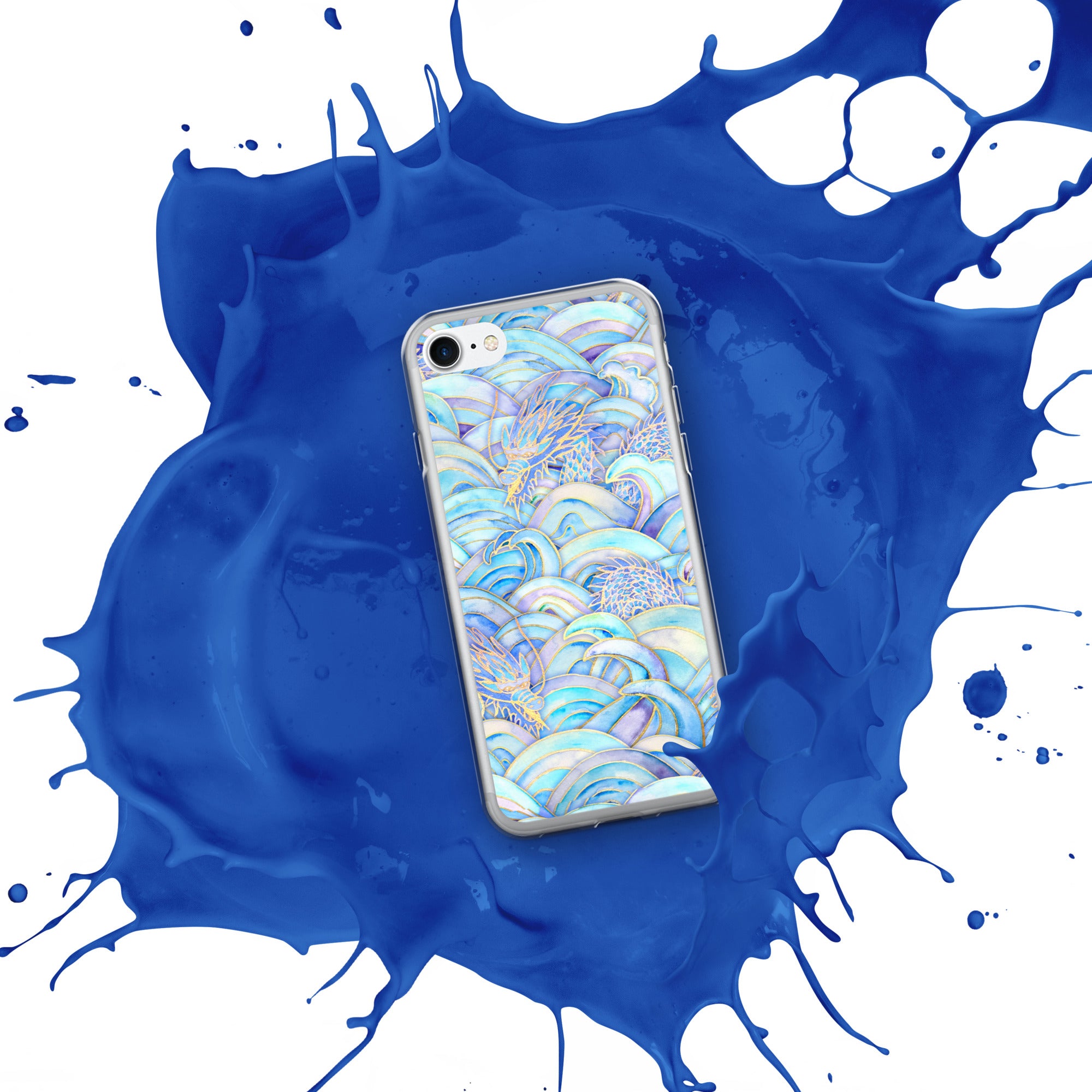 Phone case with a colorful pattern on a blue and white splatter background