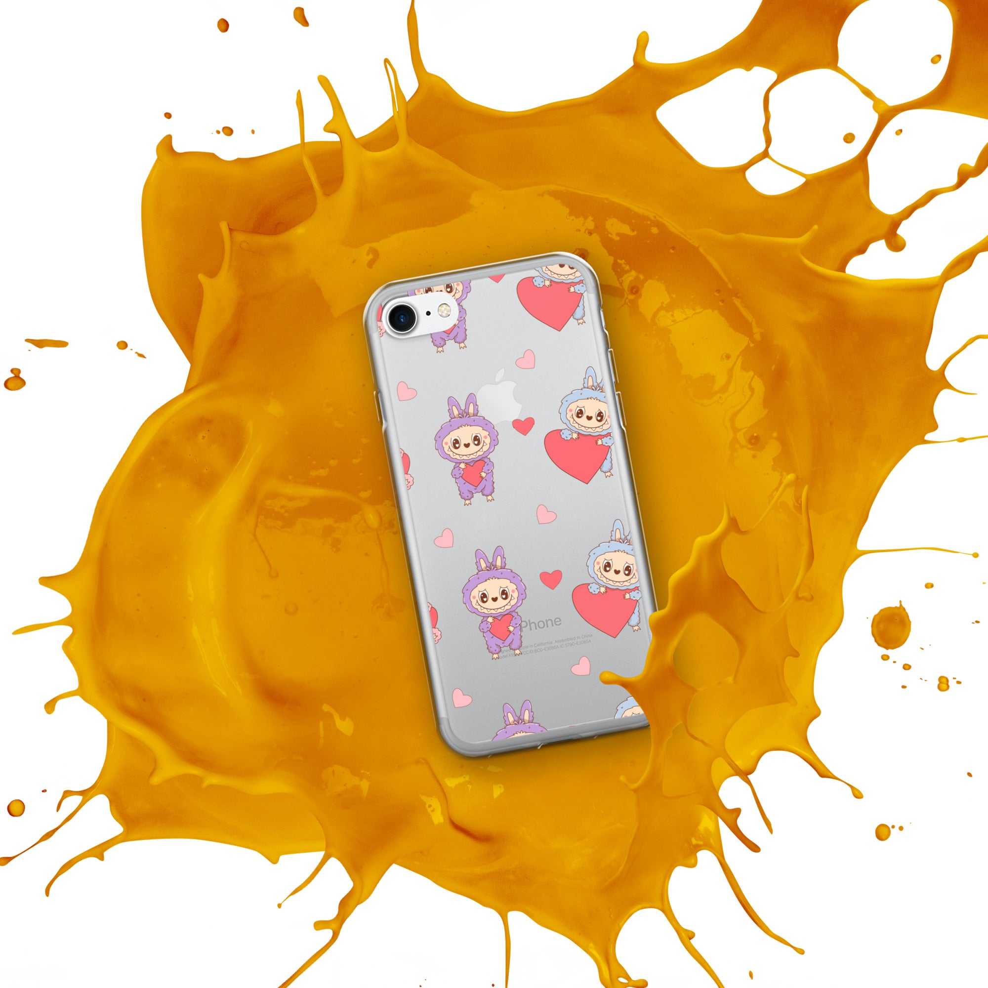 Phone case with cartoon characters and hearts on a yellow splash background