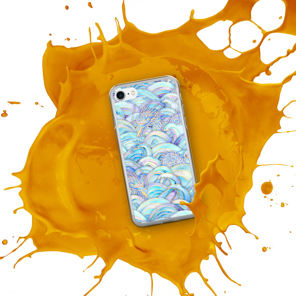 Phone case with abstract design on a yellow splash background
