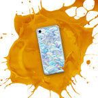 Phone case with abstract design on a yellow splash background
