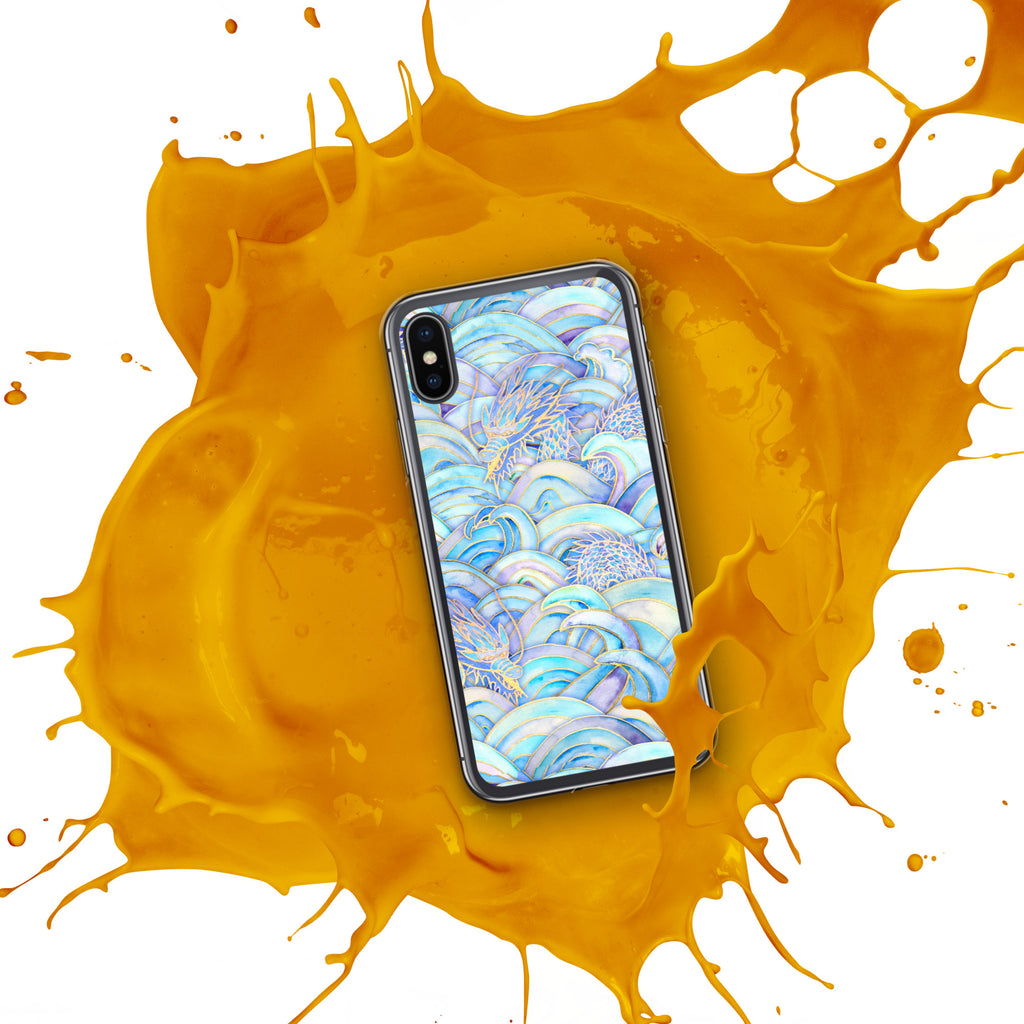 Phone case with a colorful design on a yellow splash background