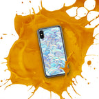 Phone case with a colorful design on a yellow splash background