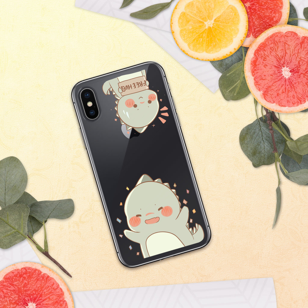 Phone case with cartoon design on a yellow surface with fruit and leaves