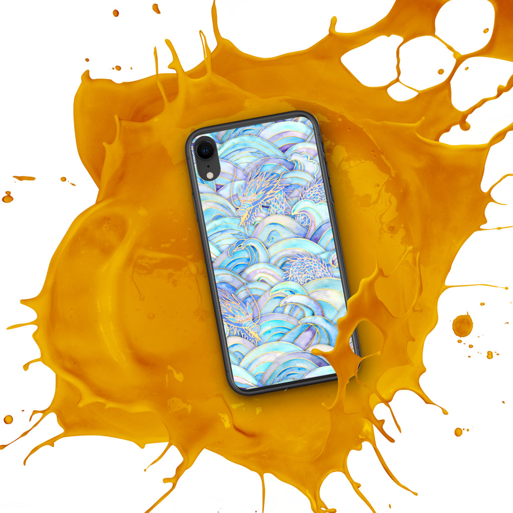 Phone case with colorful design on a yellow splash background