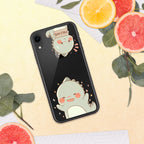 Phone case with a cute design on a yellow surface with fruit and leaves
