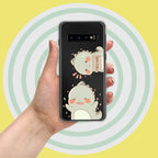 Phone case with cartoon characters held by a hand against a yellow background