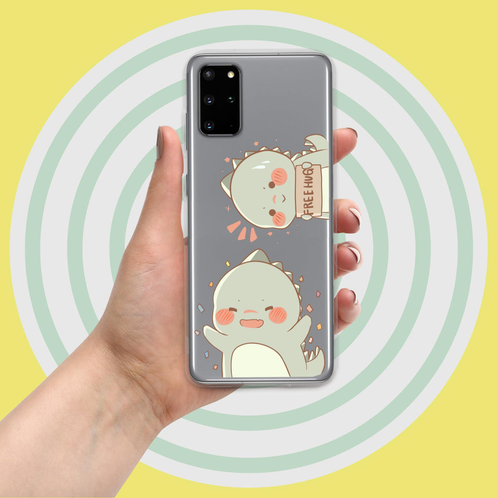 Phone case with cartoon design held by a hand against a yellow background