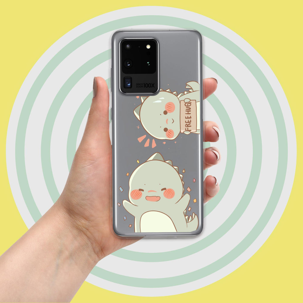 Phone case with cartoon designs held by a hand on a yellow background