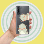 Hand holding a phone with a cute ghost design case against a yellow background