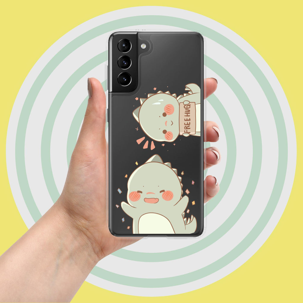 Phone case with cute dinosaur design held by a hand on a yellow background
